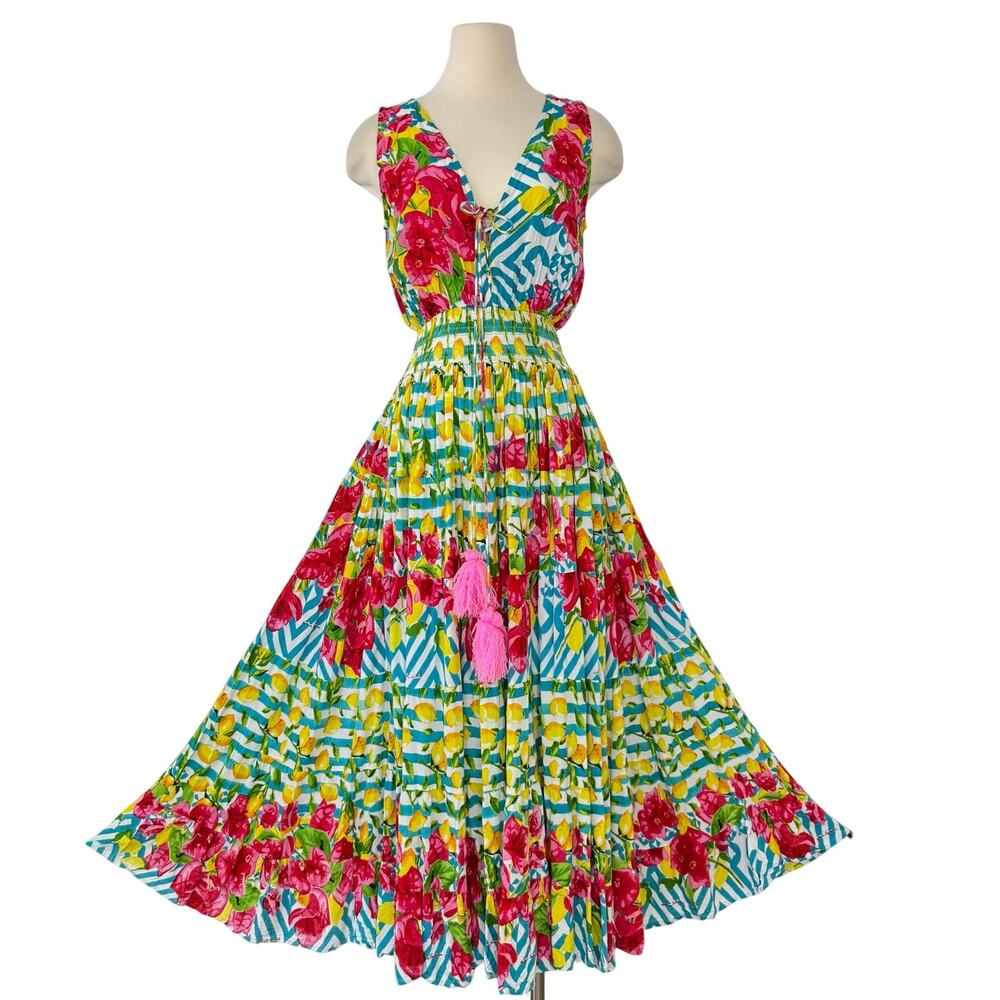 Antica Sartoria Lemon Floral Print Maxi Dress Sleeveless Tiered OS